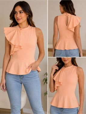 🌸 Windsor Peach One Shoulder Ruffle Peplum Top | Size Small 🌸